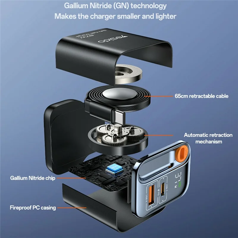 YESIDO YC146 UK Plug 67W GaN Charger with Retractable Type C Cable Digital Display Fast Charging Adapter