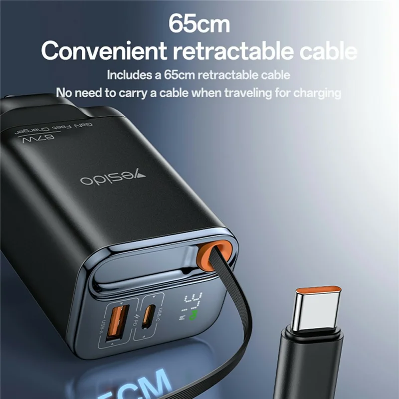 YESIDO YC146 UK Plug 67W GaN Charger with Retractable Type C Cable Digital Display Fast Charging Adapter