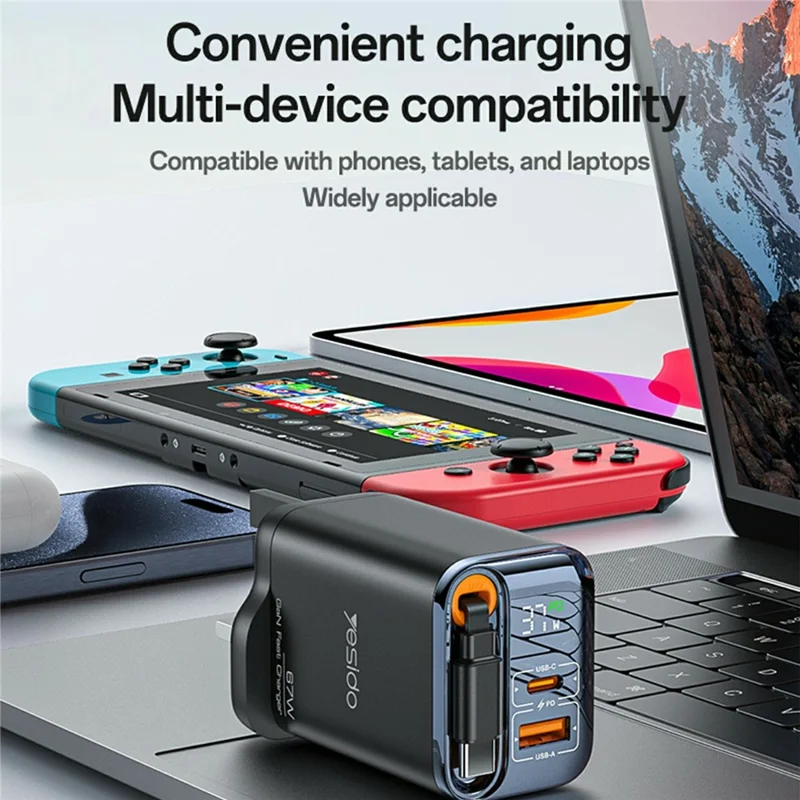 YESIDO YC146 UK Plug 67W GaN Charger with Retractable Type C Cable Digital Display Fast Charging Adapter