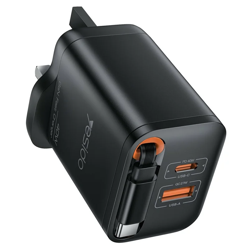 YESIDO YC145 UK Plug 40W Fast Charger with Retractable Type C Cable USB A + USB C Dual Ports GaN Charging Adapter