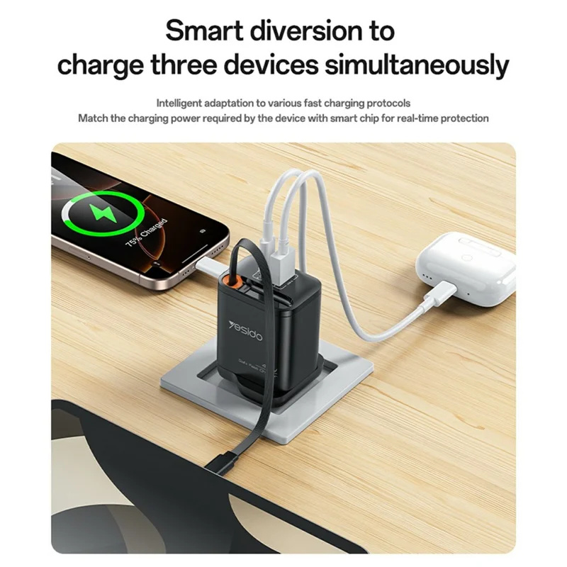 YESIDO YC145 UK Plug 40W Fast Charger with Retractable Type C Cable USB A + USB C Dual Ports GaN Charging Adapter