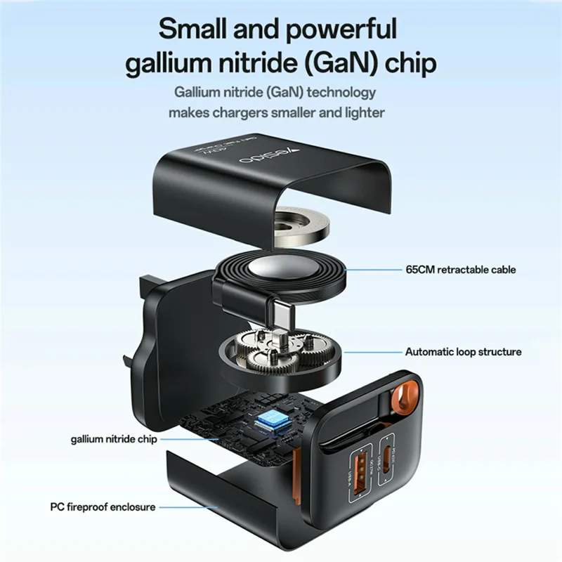 YESIDO YC145 UK Plug 40W Fast Charger with Retractable Type C Cable USB A + USB C Dual Ports GaN Charging Adapter