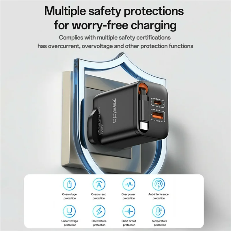 YESIDO YC145 UK Plug 40W Fast Charger with Retractable Type C Cable USB A + USB C Dual Ports GaN Charging Adapter