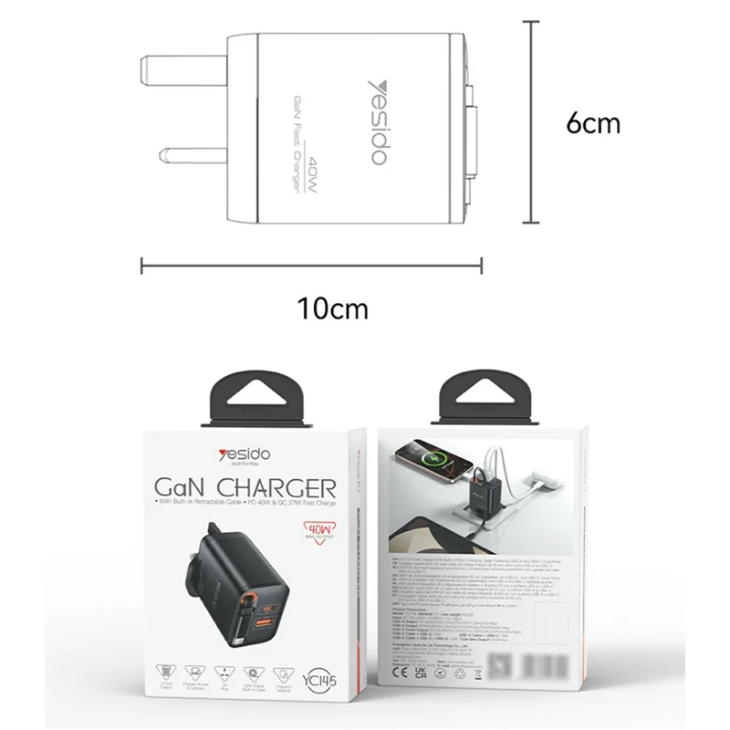 YESIDO YC145 UK Plug 40W Fast Charger with Retractable Type C Cable USB A + USB C Dual Ports GaN Charging Adapter
