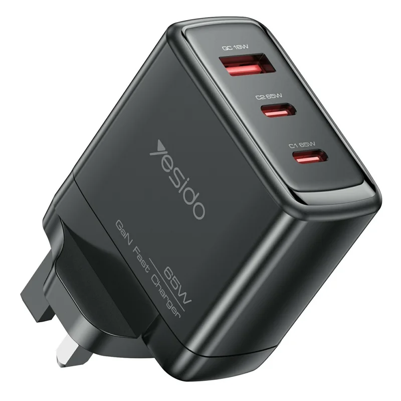 YESIDO YC98 UK Plug 65W High Power GaN Fast Charger 2 USB C + 1 USB A Portable Power Adapter