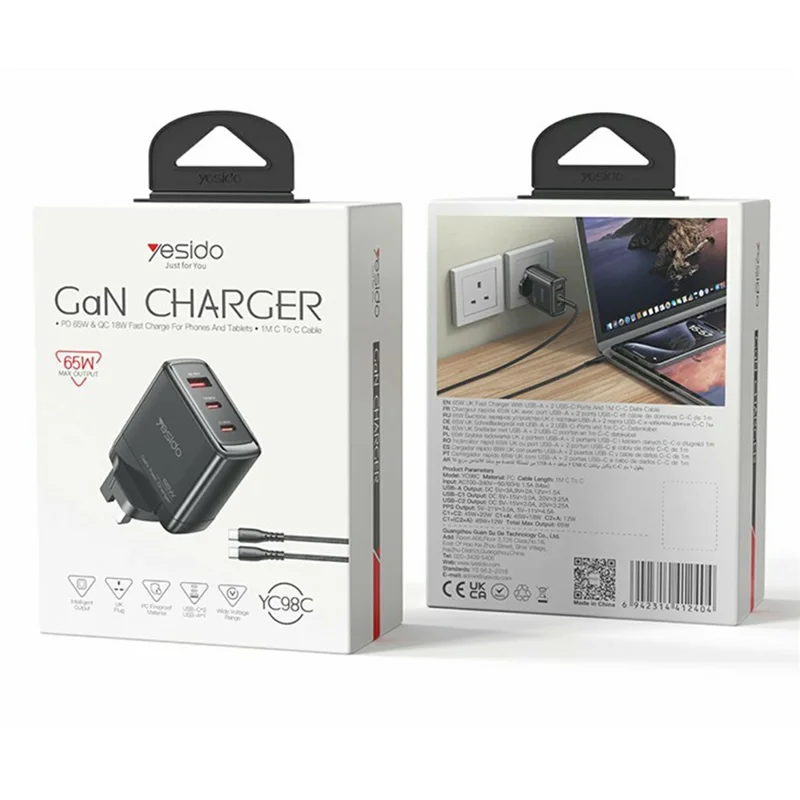 YESIDO YC98 UK Plug 65W High Power GaN Fast Charger 2 USB C + 1 USB A Portable Power Adapter