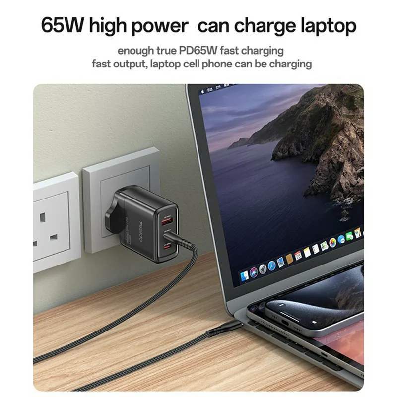 YESIDO YC98 UK Plug 65W High Power GaN Fast Charger 2 USB C + 1 USB A Portable Power Adapter