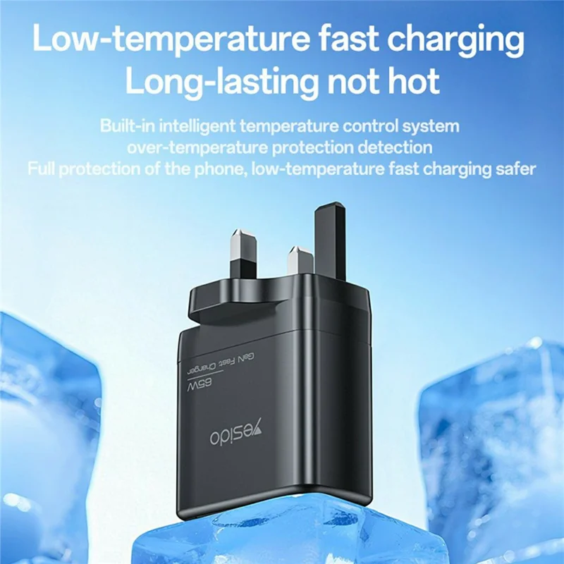 YESIDO YC98 UK Plug 65W High Power GaN Fast Charger 2 USB C + 1 USB A Portable Power Adapter