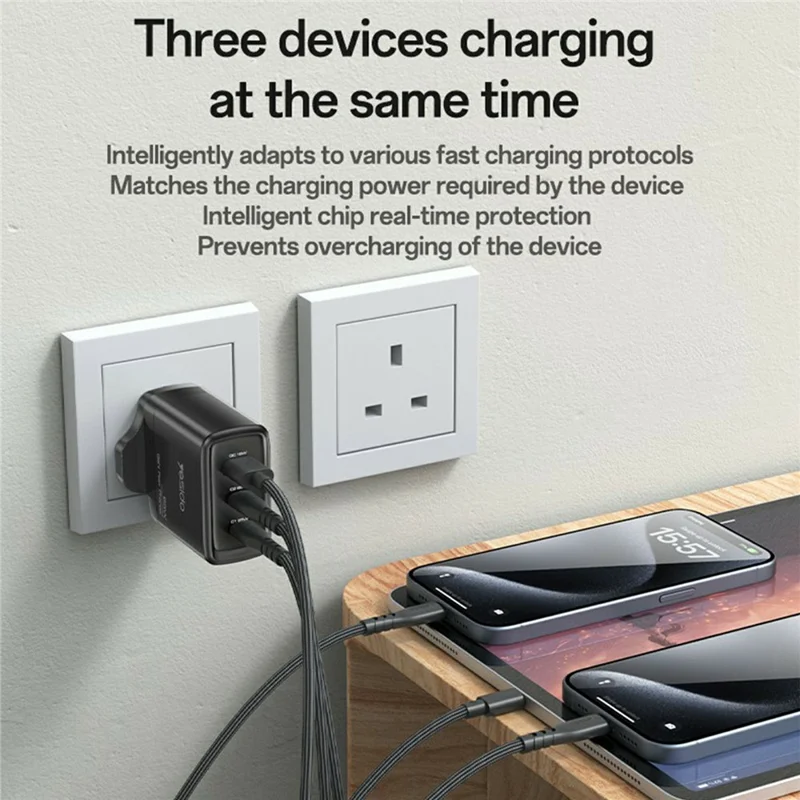 YESIDO YC98 UK Plug 65W High Power GaN Fast Charger 2 USB C + 1 USB A Portable Power Adapter