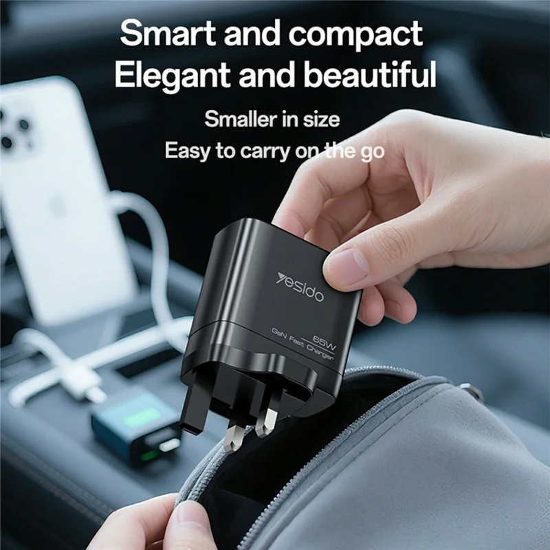 YESIDO YC98 UK Plug 65W High Power GaN Fast Charger 2 USB C + 1 USB A Portable Power Adapter
