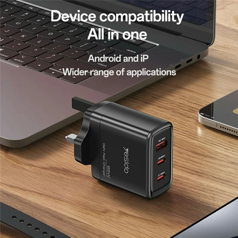 YESIDO YC98 UK Plug 65W High Power GaN Fast Charger 2 USB C + 1 USB A Portable Power Adapter