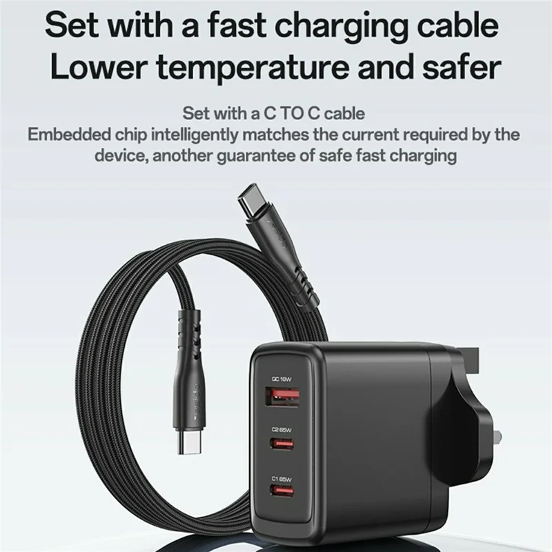 YESIDO YC98 UK Plug 65W High Power GaN Fast Charger 2 USB C + 1 USB A Portable Power Adapter
