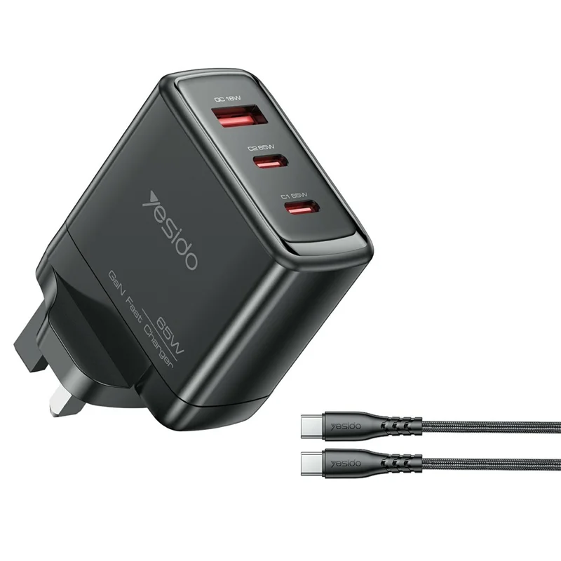YESIDO YC98C UK Plug 65W High Power GaN Fast Charger 2 USB C + 1 USB A Power Adapter with 1.2m Type C Cable