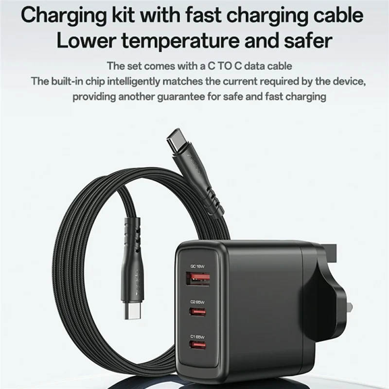 YESIDO YC98C UK Plug 65W High Power GaN Fast Charger 2 USB C + 1 USB A Power Adapter with 1.2m Type C Cable