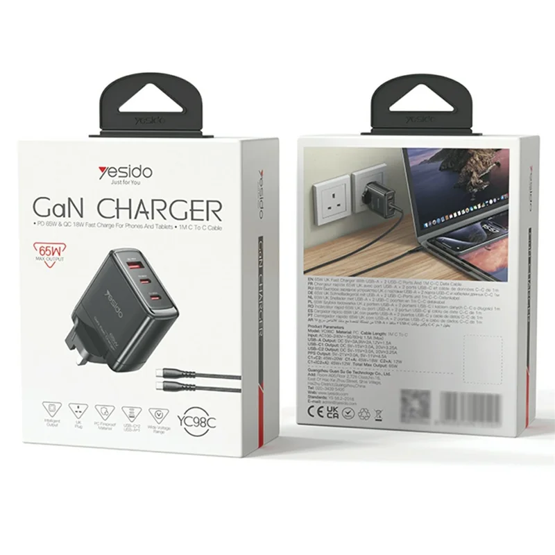 YESIDO YC98C UK Plug 65W High Power GaN Fast Charger 2 USB C + 1 USB A Power Adapter with 1.2m Type C Cable