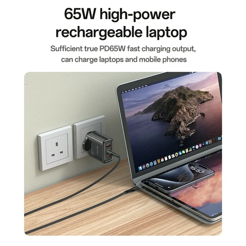 YESIDO YC98C UK Plug 65W High Power GaN Fast Charger 2 USB C + 1 USB A Power Adapter with 1.2m Type C Cable