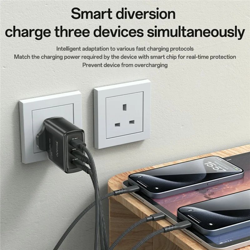 YESIDO YC98C UK Plug 65W High Power GaN Fast Charger 2 USB C + 1 USB A Power Adapter with 1.2m Type C Cable