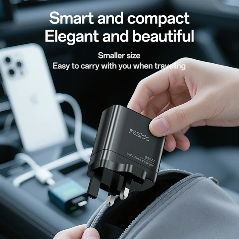 YESIDO YC98C UK Plug 65W High Power GaN Fast Charger 2 USB C + 1 USB A Power Adapter with 1.2m Type C Cable