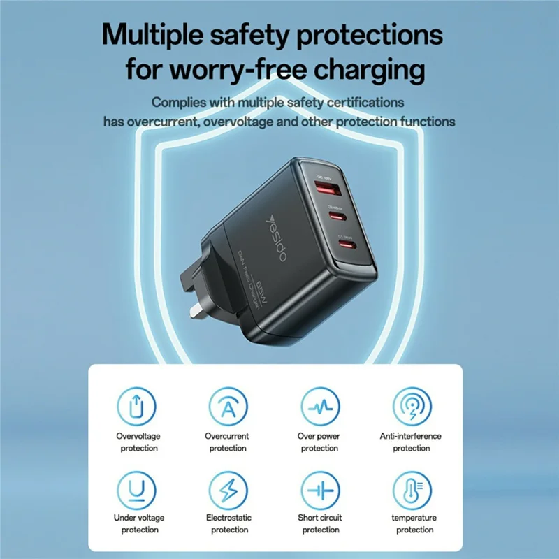 YESIDO YC98C UK Plug 65W High Power GaN Fast Charger 2 USB C + 1 USB A Power Adapter with 1.2m Type C Cable