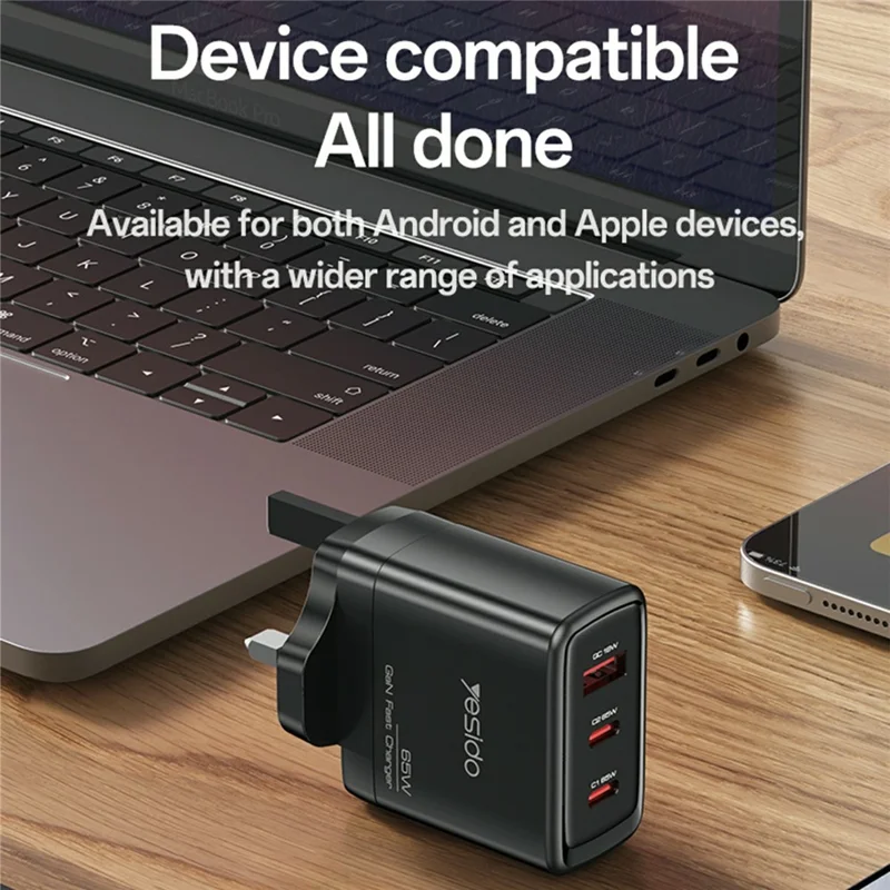 YESIDO YC98C UK Plug 65W High Power GaN Fast Charger 2 USB C + 1 USB A Power Adapter with 1.2m Type C Cable