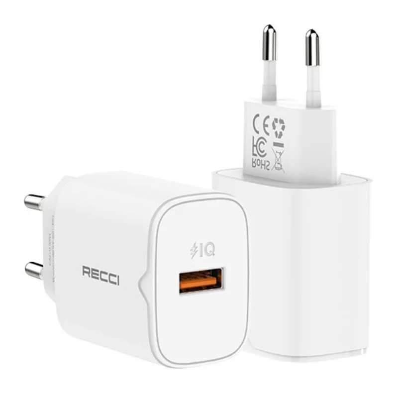 RECCI RC51E 18W QC3.0 Fast Charging Adapter Portable EU Plug USB-A Wall Charger for iPhone / Samsung / iPad
