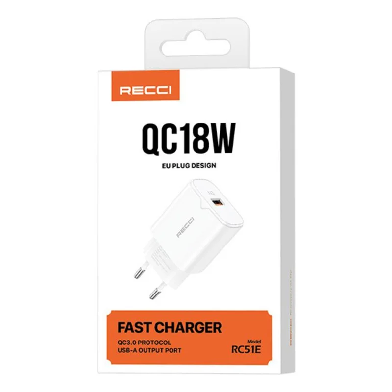 RECCI RC51E 18W QC3.0 Fast Charging Adapter Portable EU Plug USB-A Wall Charger for iPhone / Samsung / iPad