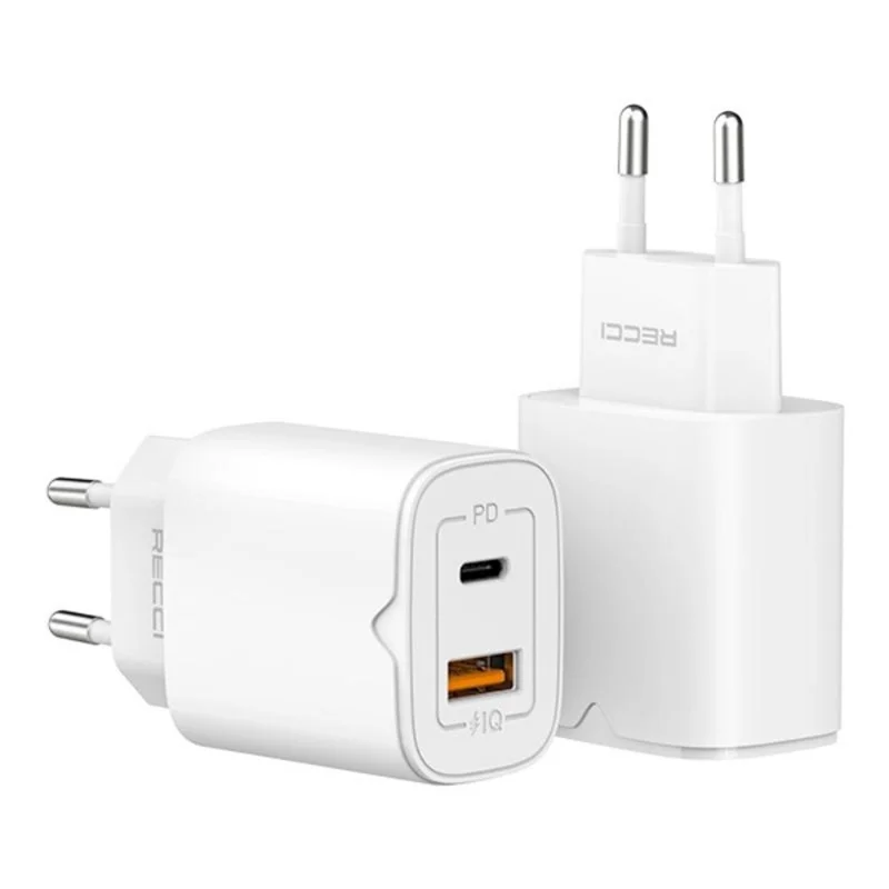 RECCI RC49E USB A + Type C Dual Port Wall Charger PD20W QC3.0 18W Fast Charging Adapter, EU Plug