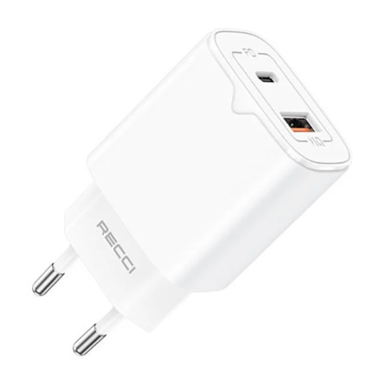 RECCI RC49E USB A + Type C Dual Port Wall Charger PD20W QC3.0 18W Fast Charging Adapter, EU Plug