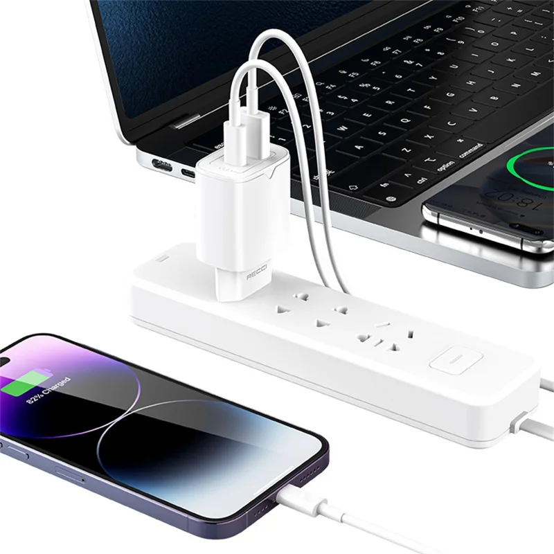RECCI RC49E USB A + Type C Dual Port Wall Charger PD20W QC3.0 18W Fast Charging Adapter, EU Plug