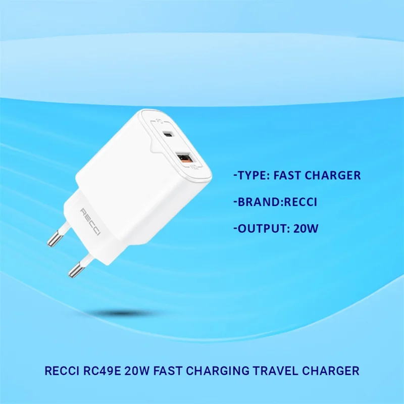 RECCI RC49E USB A + Type C Dual Port Wall Charger PD20W QC3.0 18W Fast Charging Adapter, EU Plug