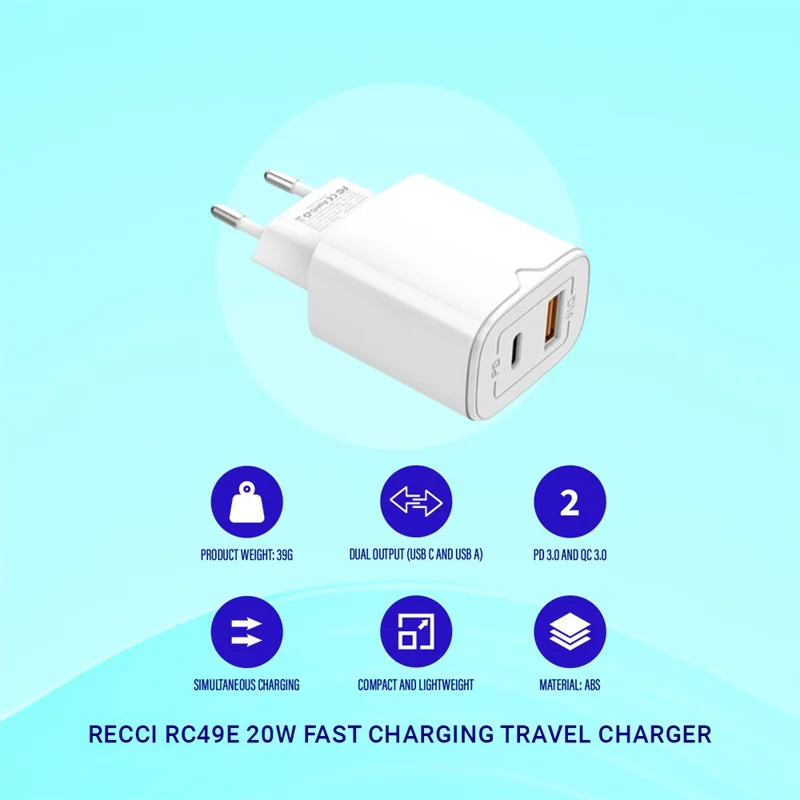 RECCI RC49E USB A + Type C Dual Port Wall Charger PD20W QC3.0 18W Fast Charging Adapter, EU Plug