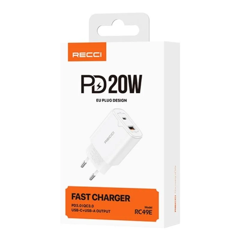 RECCI RC49E USB A + Type C Dual Port Wall Charger PD20W QC3.0 18W Fast Charging Adapter, EU Plug