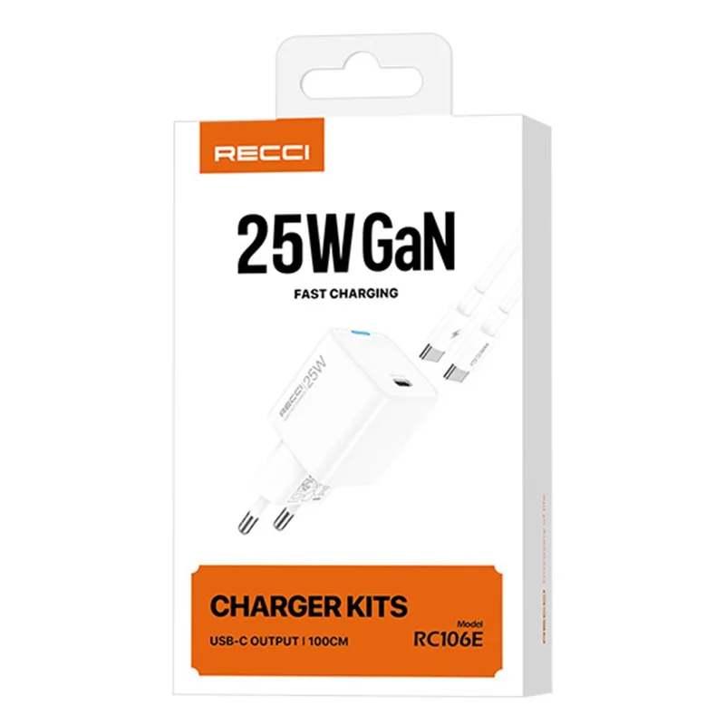 RECCI RC106E Portable EU Plug GaN PD 25W USB-C Wall Charger with Type C to Type C Fast Charging Cable