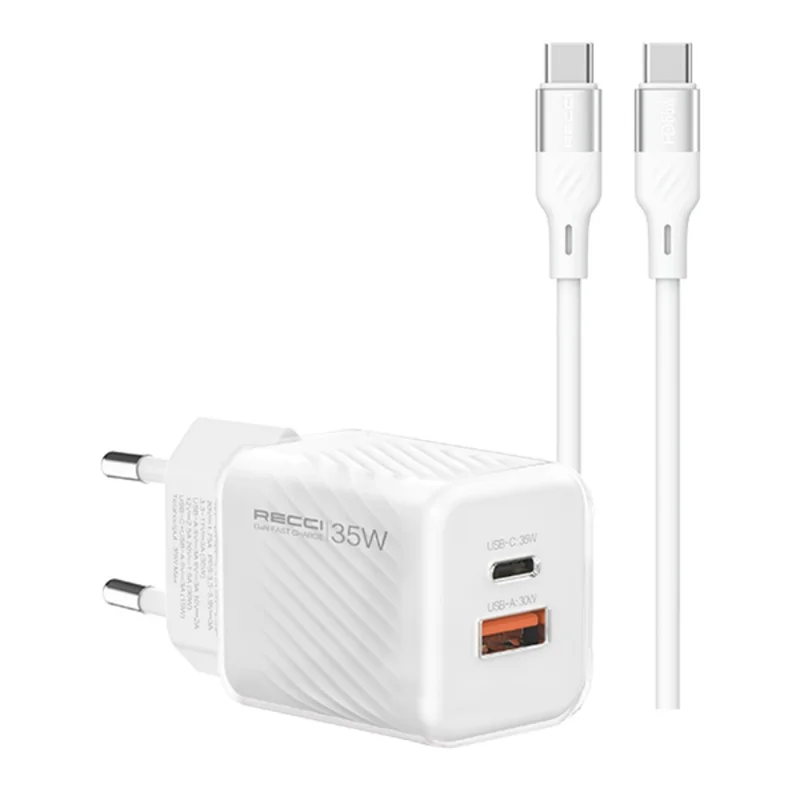 RECCI RC83ECC 35W GaN Fast Charger USB A + Type C Dual Port EU Plug Wall Charger with 1.5m Type C to Type C Cable