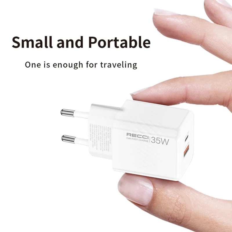 RECCI RC83ECC 35W GaN Fast Charger USB A + Type C Dual Port EU Plug Wall Charger with 1.5m Type C to Type C Cable