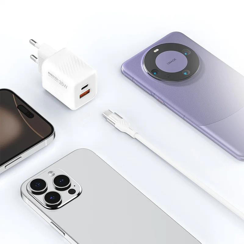 RECCI RC83ECC 35W GaN Fast Charger USB A + Type C Dual Port EU Plug Wall Charger with 1.5m Type C to Type C Cable