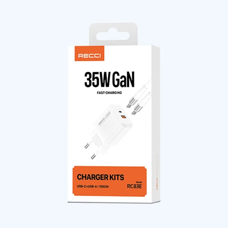 RECCI RC83ECC 35W GaN Fast Charger USB A + Type C Dual Port EU Plug Wall Charger with 1.5m Type C to Type C Cable