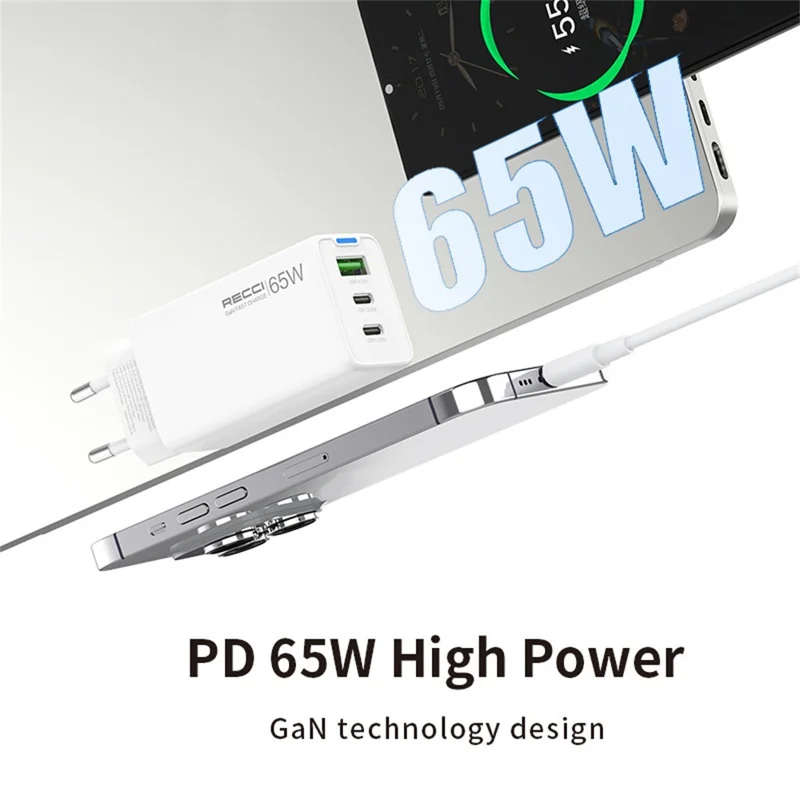 RECCI RC109E 65W GaN Charger 2 Type C + 1 USB Fast Charging Power Adapter, EU Plug