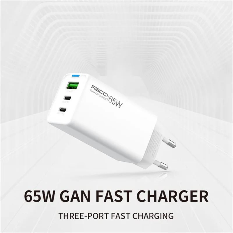 RECCI RC109E 65W GaN Charger 2 Type C + 1 USB Fast Charging Power Adapter, EU Plug