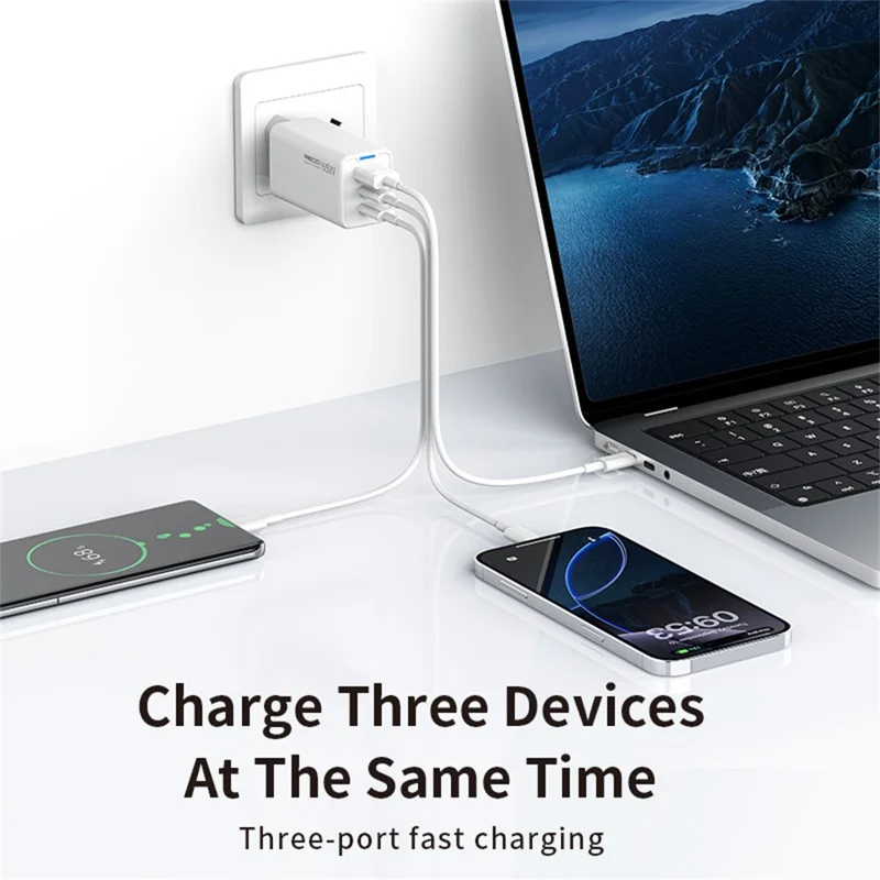 RECCI RC109E 65W GaN Charger 2 Type C + 1 USB Fast Charging Power Adapter, EU Plug