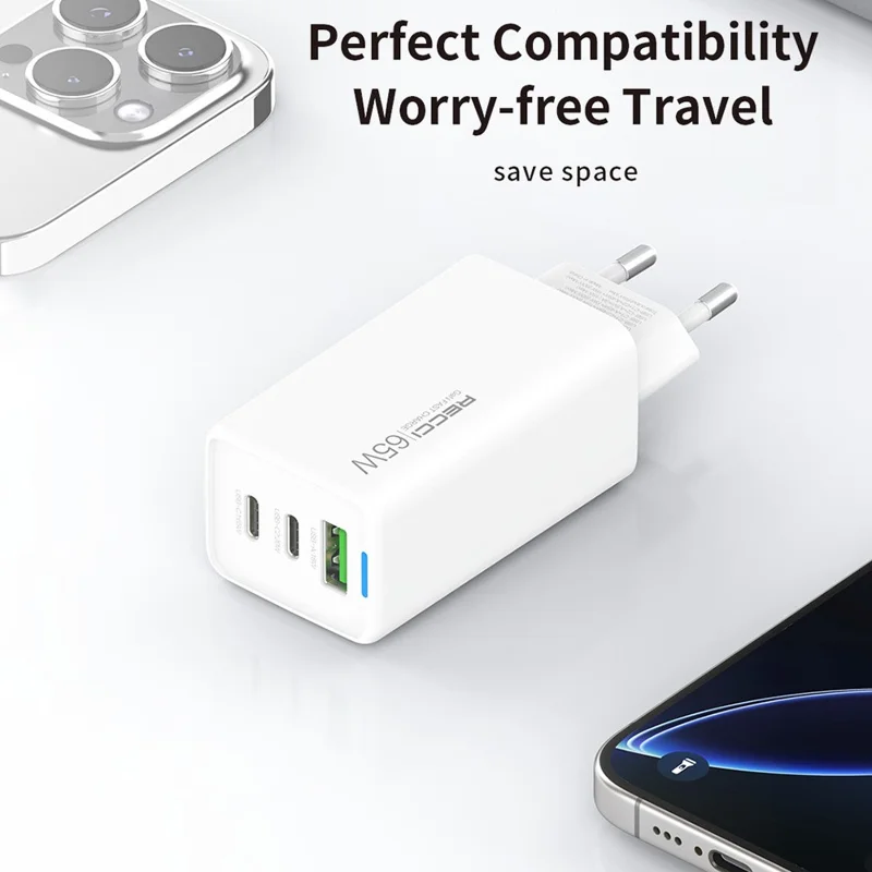 RECCI RC109E 65W GaN Charger 2 Type C + 1 USB Fast Charging Power Adapter, EU Plug