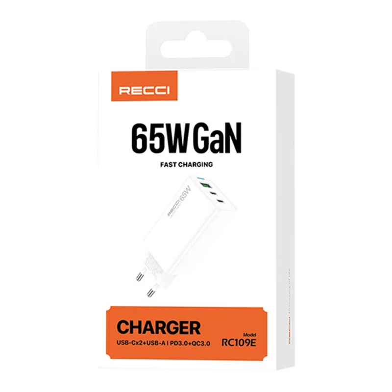 RECCI RC109E 65W GaN Charger 2 Type C + 1 USB Fast Charging Power Adapter, EU Plug