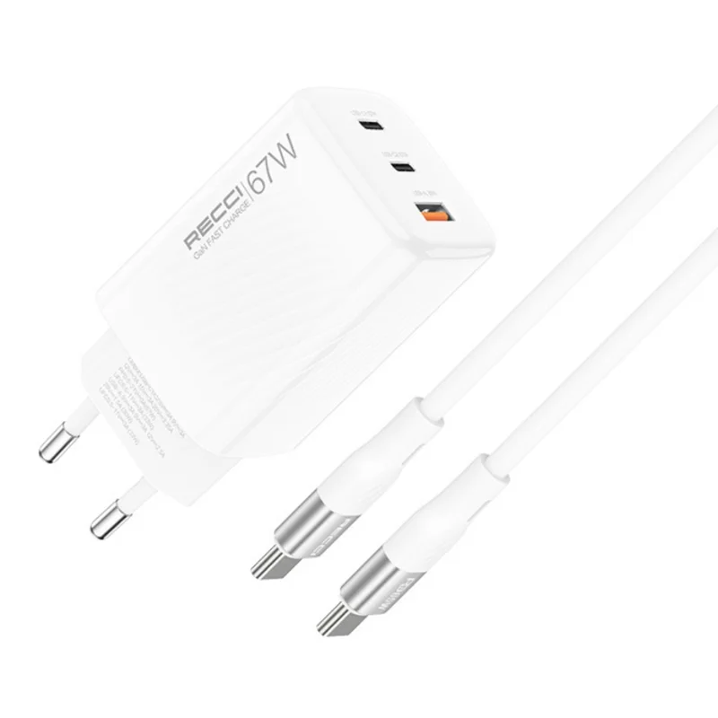RECCI RC85ECC 67W GaN Charger 2 Type C + 1 USB Fast Charging Power Adapter with 1.5m Type C to Type C Cable
