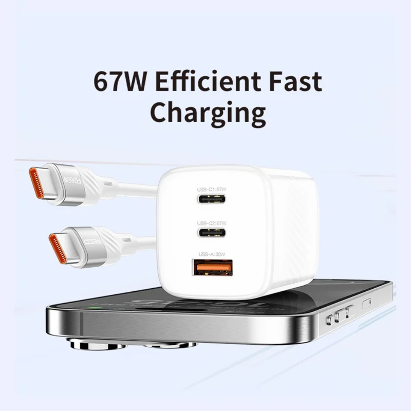 RECCI RC85ECC 67W GaN Charger 2 Type C + 1 USB Fast Charging Power Adapter with 1.5m Type C to Type C Cable