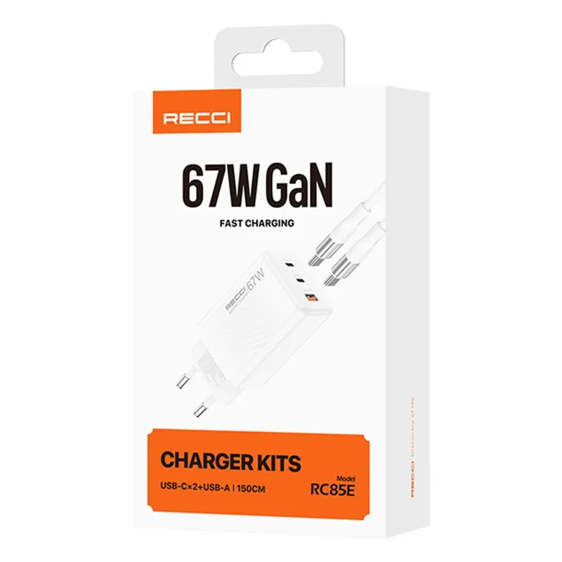 RECCI RC85ECC 67W GaN Charger 2 Type C + 1 USB Fast Charging Power Adapter with 1.5m Type C to Type C Cable
