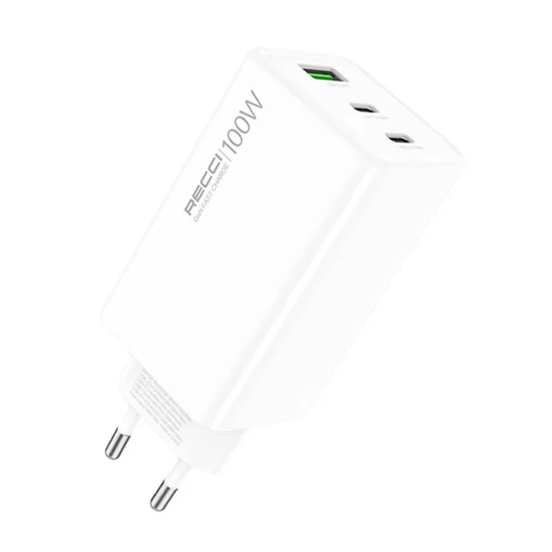 RECCI RC110E 100W GaN Charger for Laptop Smartphone Tablet PD QC3.0 Fast Charging Adapter with 2 USB-C + 1 USB-A Ports, EU Plug