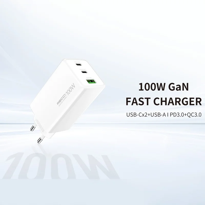 RECCI RC110E 100W GaN Charger for Laptop Smartphone Tablet PD QC3.0 Fast Charging Adapter with 2 USB-C + 1 USB-A Ports, EU Plug