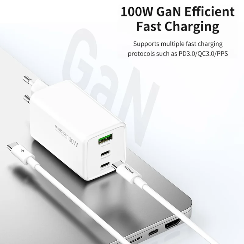 RECCI RC110E 100W GaN Charger for Laptop Smartphone Tablet PD QC3.0 Fast Charging Adapter with 2 USB-C + 1 USB-A Ports, EU Plug