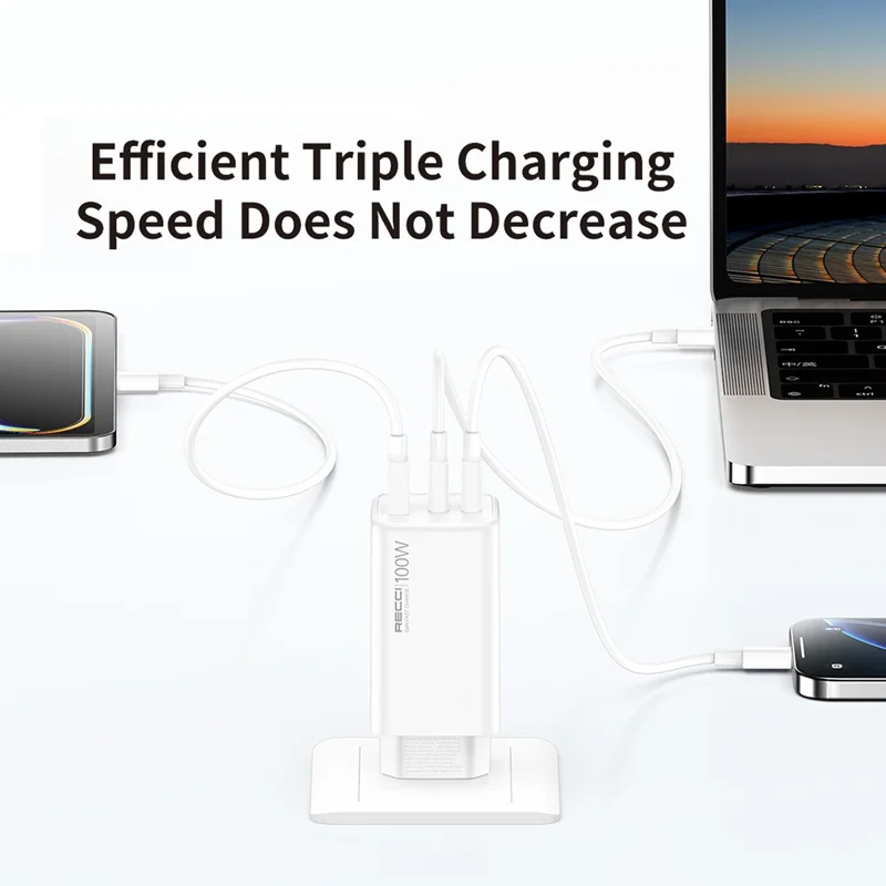 RECCI RC110E 100W GaN Charger for Laptop Smartphone Tablet PD QC3.0 Fast Charging Adapter with 2 USB-C + 1 USB-A Ports, EU Plug