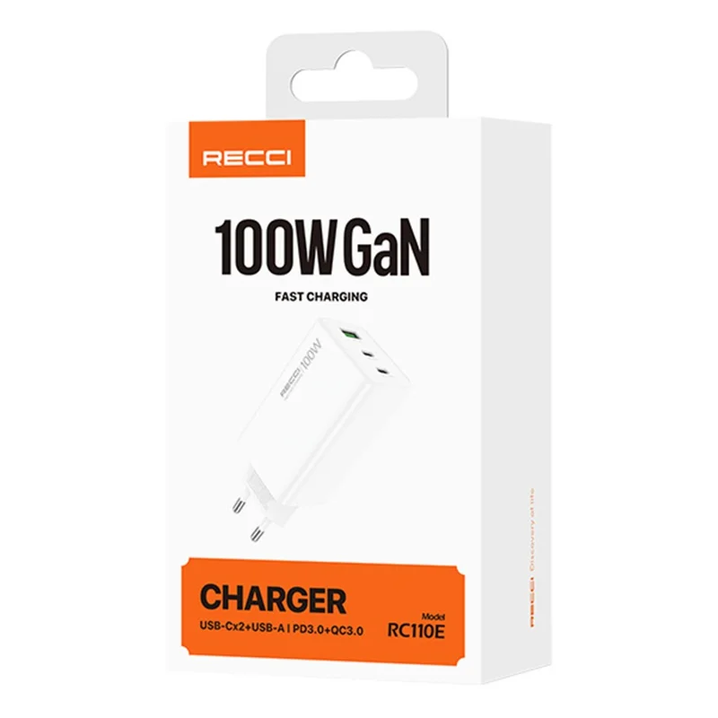 RECCI RC110E 100W GaN Charger for Laptop Smartphone Tablet PD QC3.0 Fast Charging Adapter with 2 USB-C + 1 USB-A Ports, EU Plug